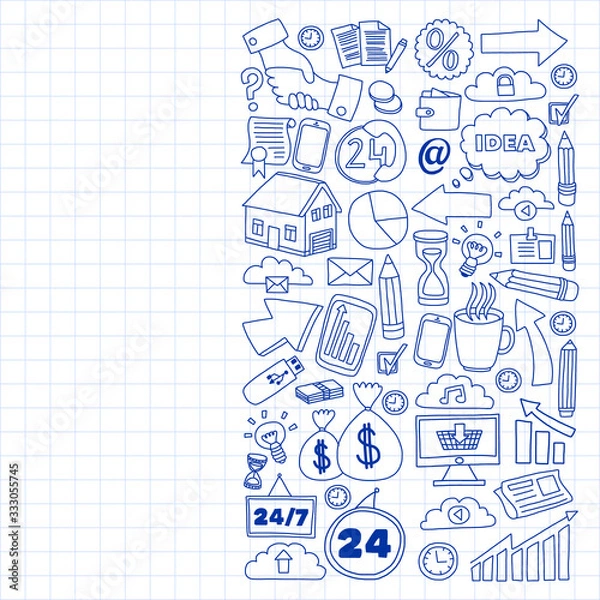 Fototapeta Online business and management school. Pattern with finance icons. Projects organization, risk, development. Team working, budget planning.