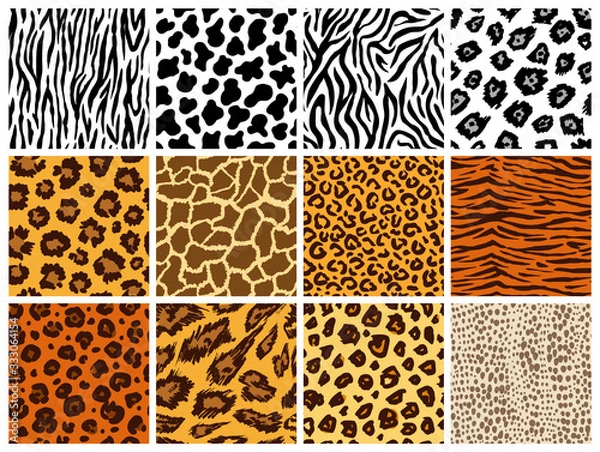 Obraz Zestaw zwierząt wzór. Futro ssaków. Kolekcja skórek do druku. Kamuflaż Predators. Cheetah Giraffe Zebra Leopard Holstein bydło Wąż Jaguar. Tło do druku. Ilustracji wektorowych.