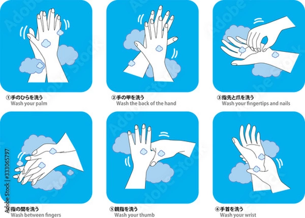 Fototapeta 手洗い：手洗い　手順　表　説明　手　手を洗う　衛生　エチケット　ウィルス　ばい菌　感染予防　感染対策
