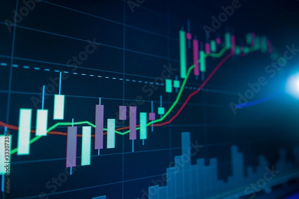 Fototapeta Blue Stock Exchange Market trading graph on screen monitor for economic and financial investment. Business analysis chart display. Stock invest infomation.
