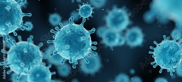 Obraz wirus korony 2019-wybuch epidemii grypy, Covid-19 3d baner ilustracja, widok mikroskopowy pływających komórek wirusa grypy