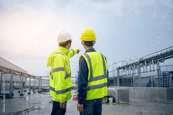 Fototapeta Mechanical engineer working install chilled water pipe system. Engineer consult discussion with team work for install pipe.