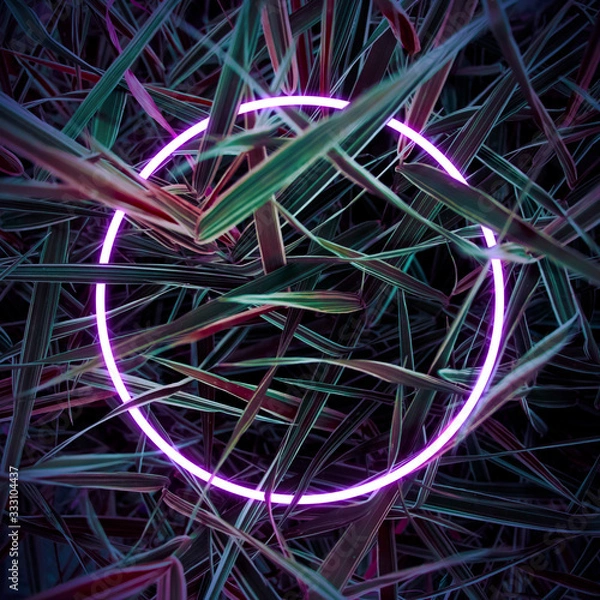 Obraz Poster in dark colors with glowing neon light circle on the background of fluorescent light leaves.Сreative cyberpunk color layout copy space for banner,advertisement,invitation, poster, card, flyer