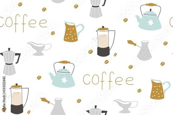 Fototapeta Hand drawn various coffee cups. Vector seamless pattern. Blue background