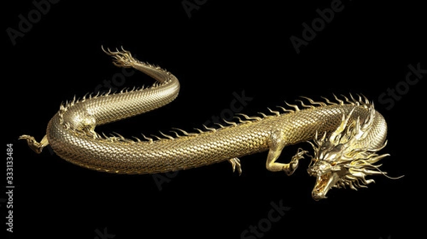 Fototapeta Full body gold dragon in smart pose with 3d rendering include alpha  path.