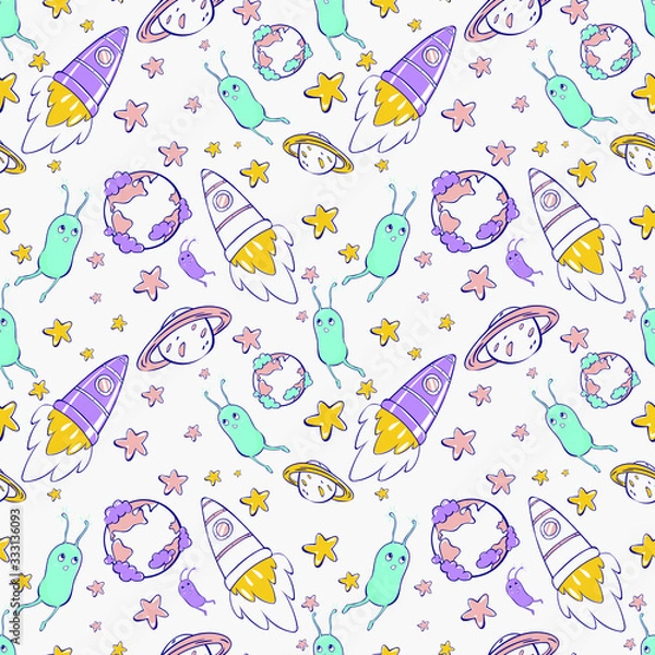 Fototapeta childish seamless pattern. rockets in space. aliens