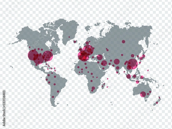 Fototapeta Covid-19, Covid 19 map confirmed cases report worldwide globally. Coronavirus disease 2019 situation update worldwide. Maps show where the coronavirus has spread, graphic on transparent background.