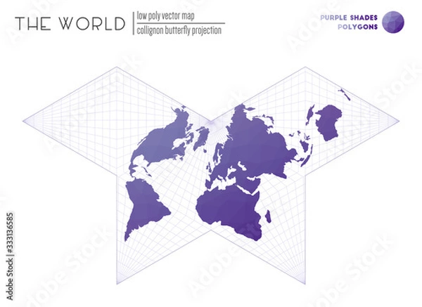 Fototapeta Abstract world map. Collignon butterfly projection of the world. Purple shades colored polygons. Contemporary vector illustration.