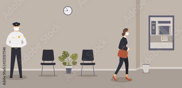 Fototapeta Bank office is open during epidemic of virus. Hall with ATM or cash machine,monstera,security guard and customer in protective medical masks to prevent infection. Vector flat illustration
