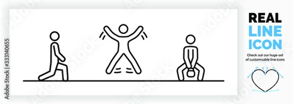 Obraz Editable real line icon of a stick figure person staying fit at home by doing exercises for muscle and cardio working on core body strength in modern black lines on a clean white background as eps 