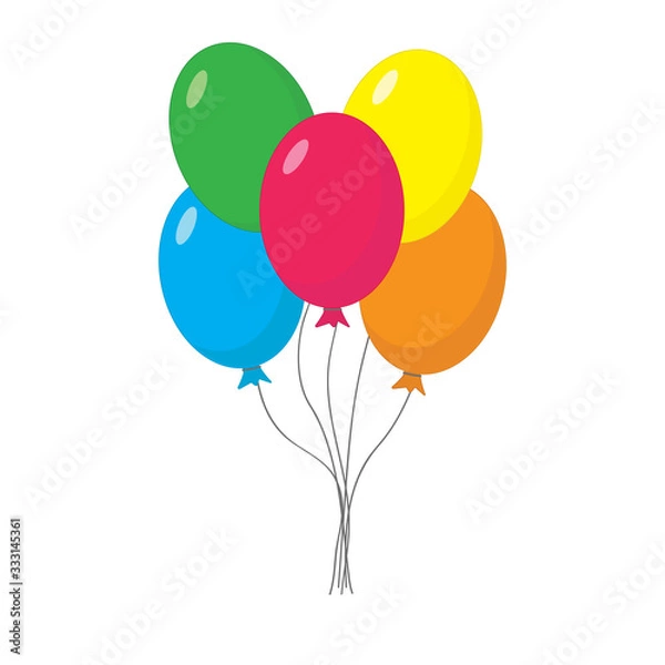 Fototapeta Bunch of balloons in cartoon flat style isolated on white background. Colorful. Happy Birthday, holidays, party concept. Vector  illustration. 