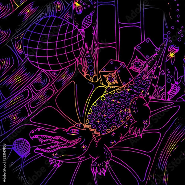 Obraz Crocodile sings into a microphone. Night club. A scene with an aquarium and music speakers. Crocodile skin pattern. Freehand sketch. Bright creative illustration.
