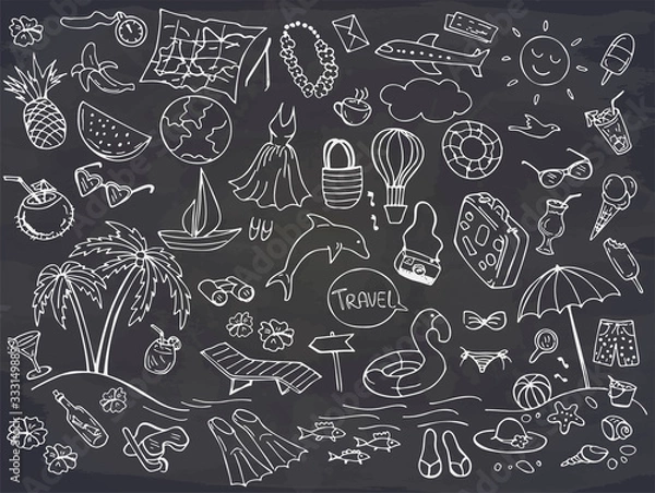 Fototapeta Set of summer doodles isolated on chalkboard. Travel and vacation emblems and symbols. Vector illustration. Perfect for greeting card, postcard, print.