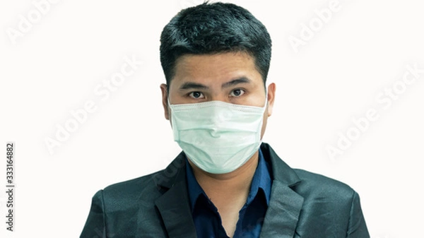 Fototapeta The man wearing a suit and a nose mask in a white background