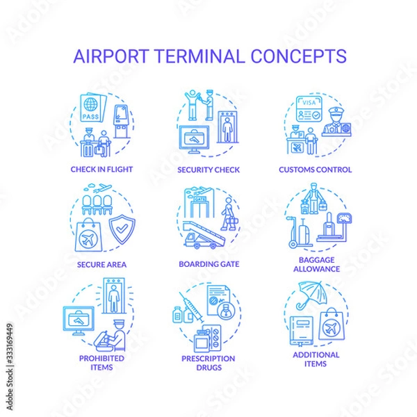 Obraz Airport terminal concept icons set. Security check, boarding gate idea thin line RGB color illustrations. Customs control, baggage allowance. Vector isolated outline drawings