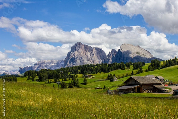 Obraz Compatsch (Compaccio) Houses with Langkofel and Sella Group Mountains in the Background