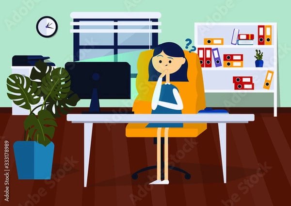 Obraz Businesswoman is upset sitting on office chair at a computer desk. She is looking at the computer monitor. Front view. Color vector cartoon illustration