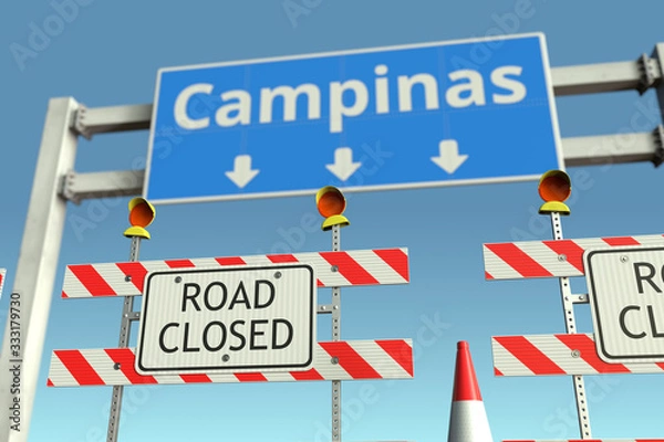 Fototapeta Roadblocks near Campinas city road sign. Lockdown in Brazil conceptual 3D rendering
