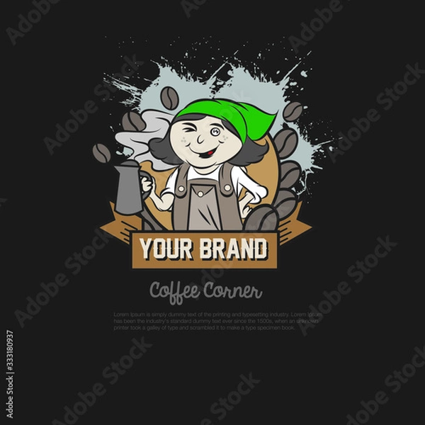 Fototapeta Coffee logo with cute girl cartoon character vector illustration. Good for coffee shop or product label.