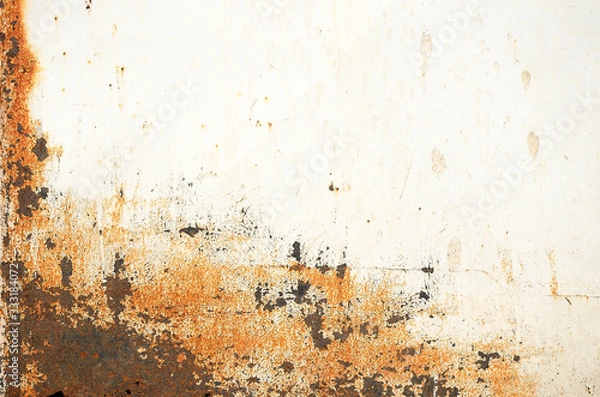 Fototapeta White metal door or wall close-up. Bright spots on a light background. Yellow, black and orange rusty spots on iron. Abstract urban background. Copy space. Selective focus image.