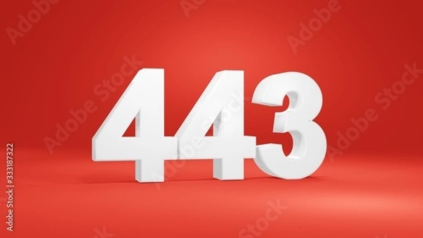 Fototapeta Number 443 in white on red background, isolated number 3d render