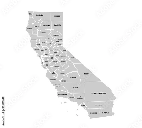 Fototapeta California State Map Vector With County Names and Border Isolated on White Background