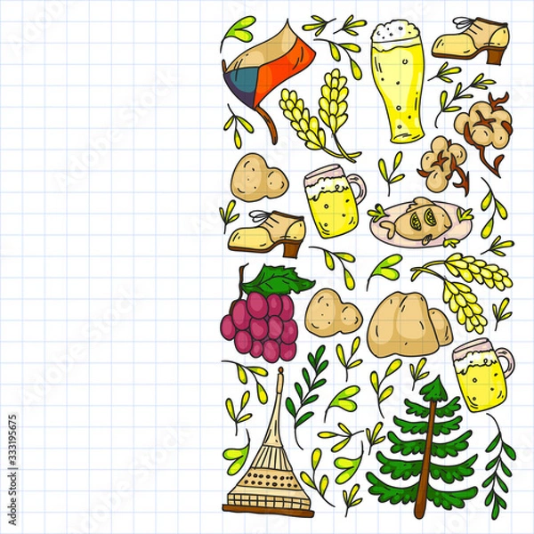 Obraz Vector pattern with symbols of Czech Republic. Set with tourism icons and landscapes elements. Travel to country. City, cathedral, building, European architecture. Illustration with landmarks