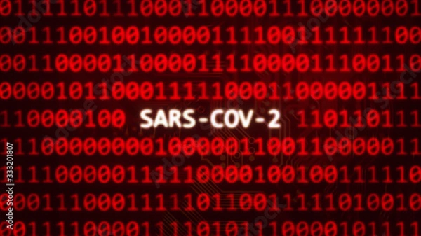 Fototapeta SARS-COV-2 text on random binary code red screen 3D render