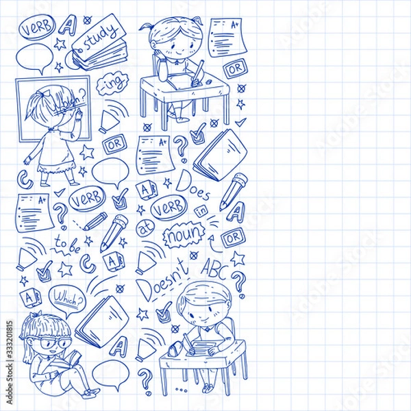 Obraz Online english school for children. Learn language. Education vector illustration. Kids drawing doodle style image.