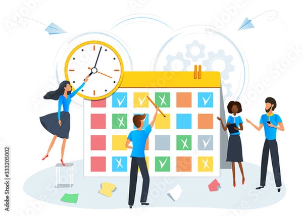 Fototapeta Busy business people planning a meeting with calendar schedule. Colleagues planning events and appointments using schedule. Tasks scheduling. Effective time management. Deadline