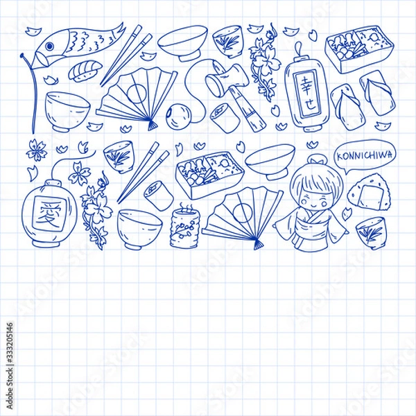 Obraz Japan. Vector pattern with japanese traditional items. Fuji mountain, sacura flowers, origami.