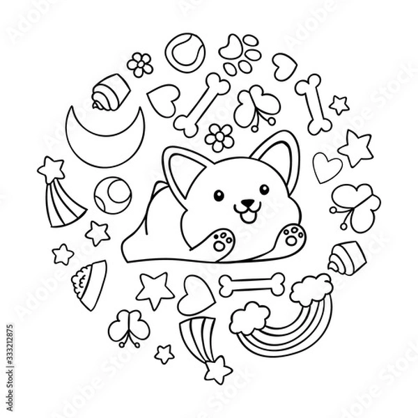 Obraz Coloring pages, black and white cute kawaii hand drawn corgi dog doodles, circle print ,