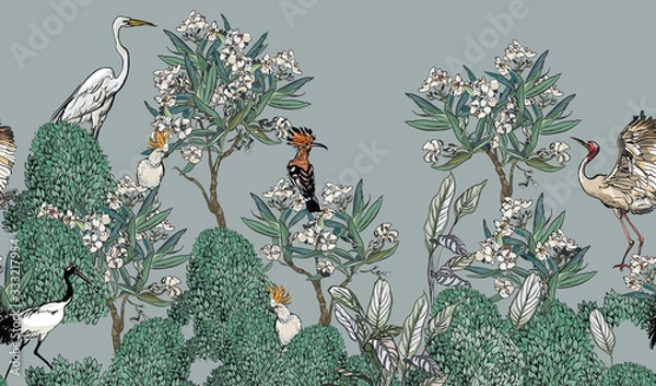 Obraz Seamless Border White Oleander Flower Tree with Many Birds on Blue Background, Panoramic View Spring Garden with hoopoe, Parrots, Herons, White Blooms Panorama Print