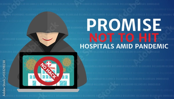 Fototapeta Ransomware Groups Promise Not to Hit Hospitals Amid Pandemic, No hack on hospital in laptop screen, Hacker at laptop, binary code background, Coronavirus, covid-19.