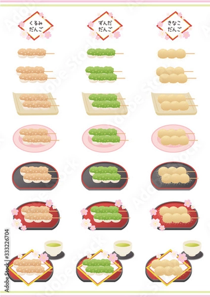 Fototapeta くるみ団子とずんだ団子ときなこ団子のセット