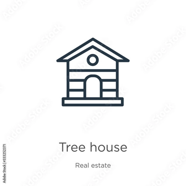Fototapeta Tree house icon. Thin linear tree house outline icon isolated on white background from real estate collection. Line vector sign, symbol for web and mobile