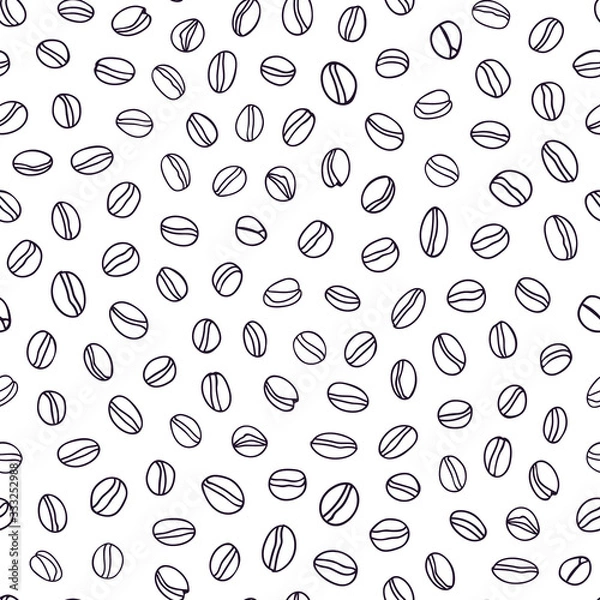 Fototapeta Vector line art coffee bean pattern with thin black outline bean on white background. Breakfast, bar, hotel, restaurant, menu.
