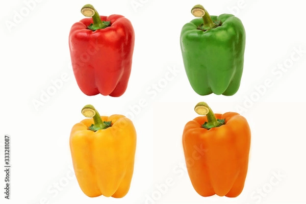 Obraz Four sweet juicy peppers of different color on a white background