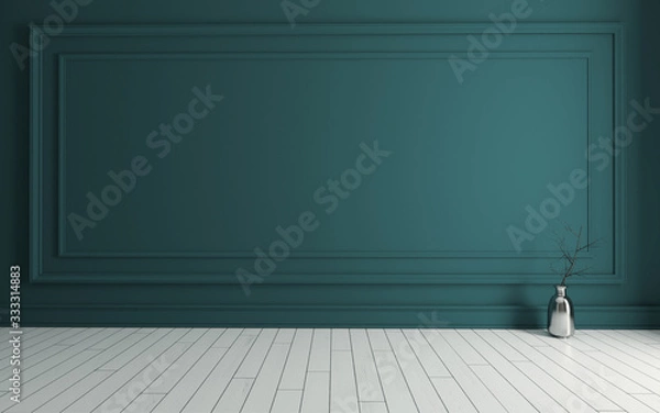 Fototapeta Empty room with Modern classic dark green wall panels and white wooden floor