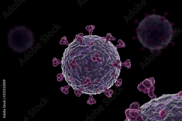 Obraz Corona virus COVID 19 microscope illustration. 3D render, black background