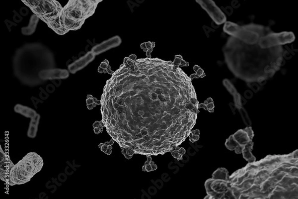 Obraz Corona virus COVID 19 microscope illustration. 3D render, black background