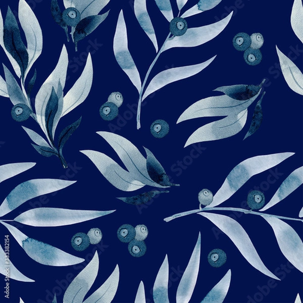 Obraz watercolor seamless pattern of berries and blue palm branches on a dark blue background.