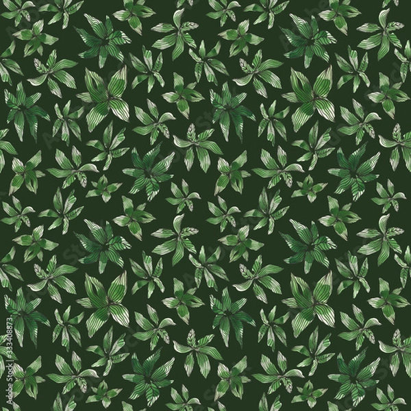 Fototapeta Seamless watercolor pattern with green succulents on dark background. Abstract desert plants, cactus with lines, doodles. Hand painted, textile surface for fabric print, stationery and gift paper wrap
