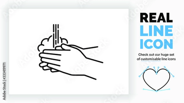 Fototapeta Editable real line icon of washing hands with soap for hygiene recommended by the world health organisation to prevent infection of the Corona virus in black modern lines on a clean white background