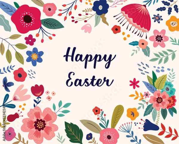 Fototapeta Easter greeting illustration with colorful spring flowers. Happy Easter template, invitation