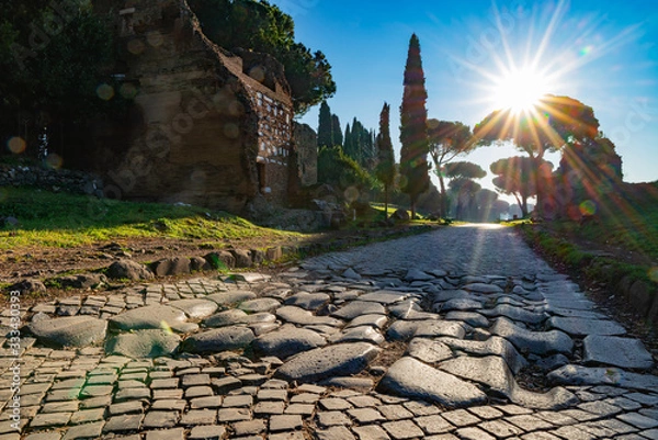 Fototapeta A stretch of the Via Appia, one of the most important streets of the Roman Empire photographed at first light in the morning. This road connected Rome to Brindisi, an important port in ancient Italy.