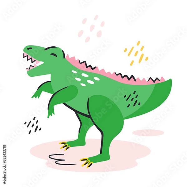 Fototapeta Green cute dinosaur. Prehistoric elements. Ancient animals. Nature. Jurassic world.  Colourful vector illustration icon sticker isolated on white background.