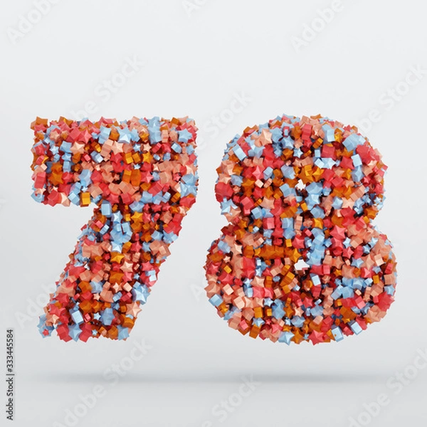 Fototapeta Number 78 3D Text Illustration, Digits With Pink And Sky Colors Stars, 3D Render In 4K Resolution, Isolated On White Background, With Shadow ..
