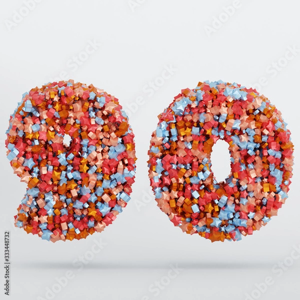 Fototapeta Number 90 3D Text Illustration, Digits With Pink And Sky Colors Stars, 3D Render In 4K Resolution, Isolated On White Background, With Shadow ..