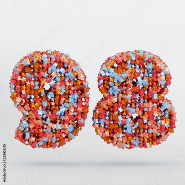 Fototapeta Number 98 3D Text Illustration, Digits With Pink And Sky Colors Stars, 3D Render In 4K Resolution, Isolated On White Background, With Shadow ..